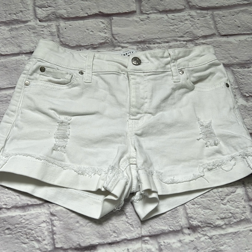 Celebrity pink white distressed jean shorts